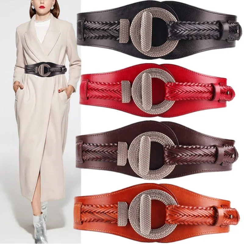 

Elastic Wide Waist Closure Women Genuine Leather Belt Fashion Alloy Buckle Slim Body Waist Strap Lady Decorative Waistband