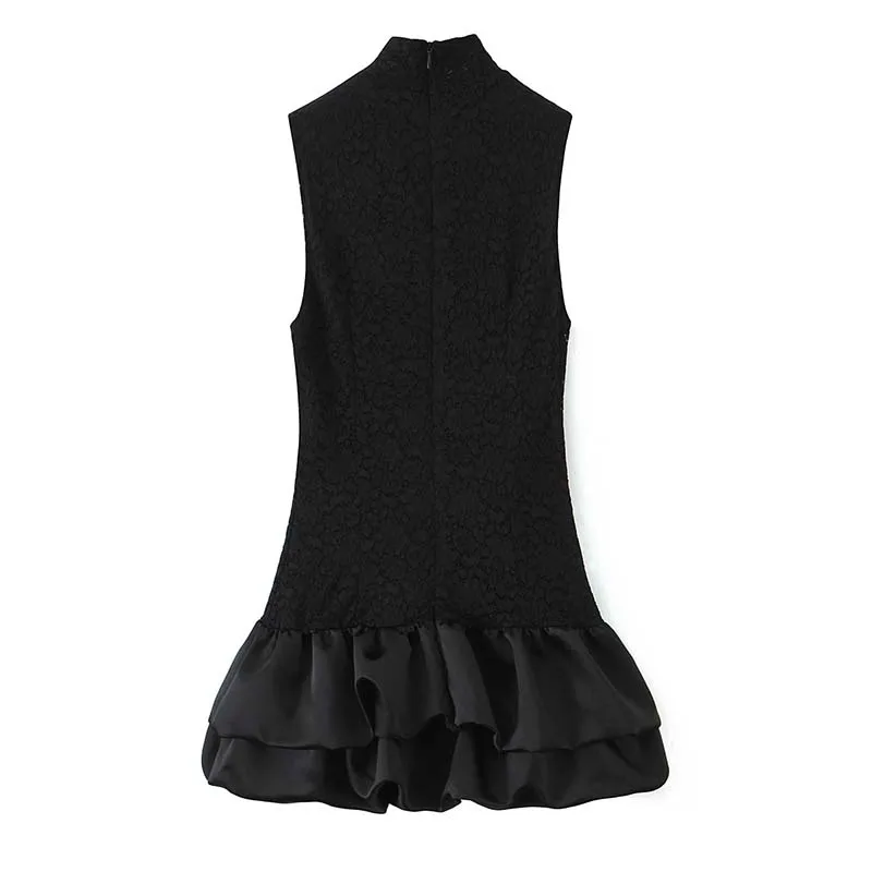 Women Fashion Splicing Lace Short Dress 2025 Summer New Street Sleeveless Ruched Mini Dress Elegant Holiday Party Dresses