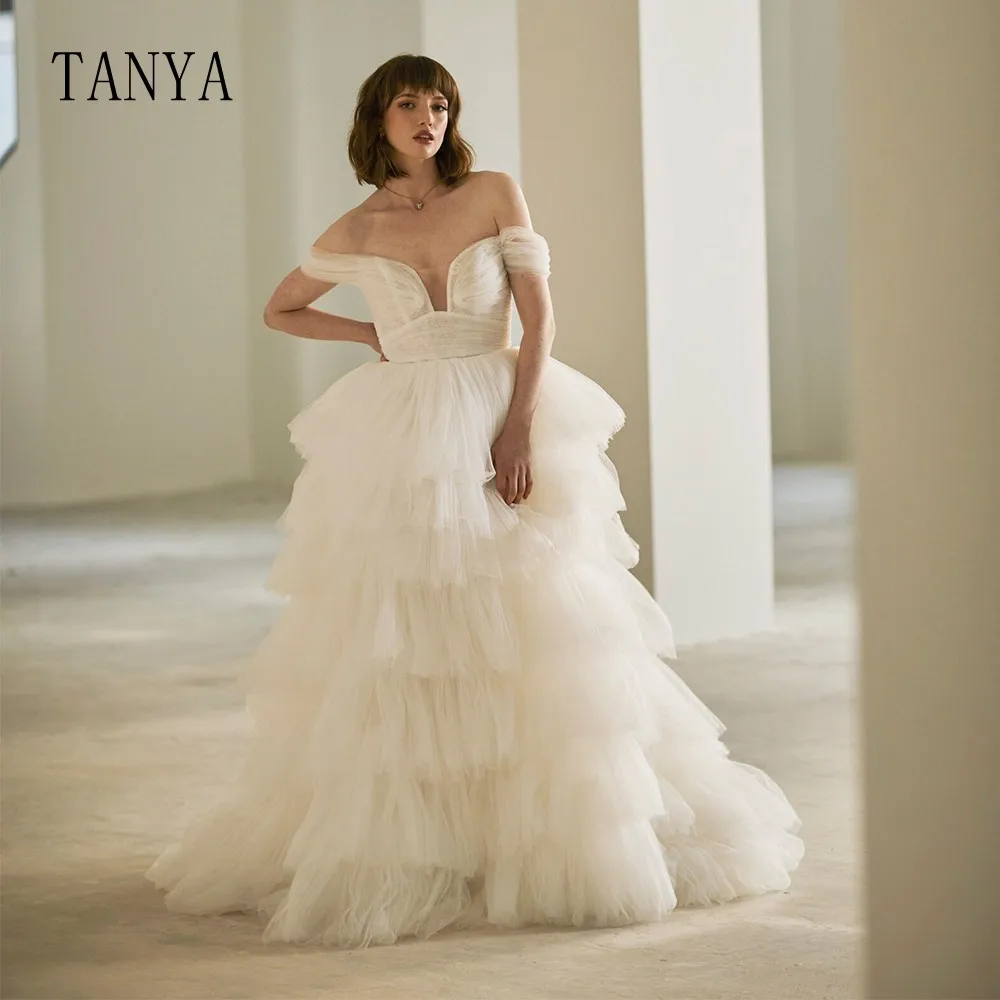 

Элегантное многослойное Тюлевое свадебное платье для женщин новый дизайн с открытыми плечами ТРАПЕЦИЕВИДНОЕ свадебное платье со шлейфом G4859