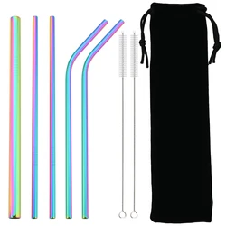 Colorful Reusable 304 Stainless Steel Drinking Straw Set with Case and Cleaning Brush (5pcs rainbow)