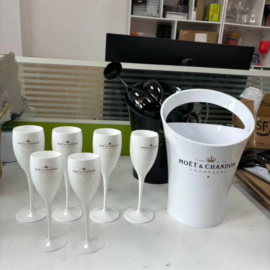 1Pcs 3.2L 플라스틱 병 쿨러 아이스 버킷 및 6Pcs 175ml 플라스틱 와인 잔 로고가 있는 샴페인 컵 임페리얼 샴페인 플루트