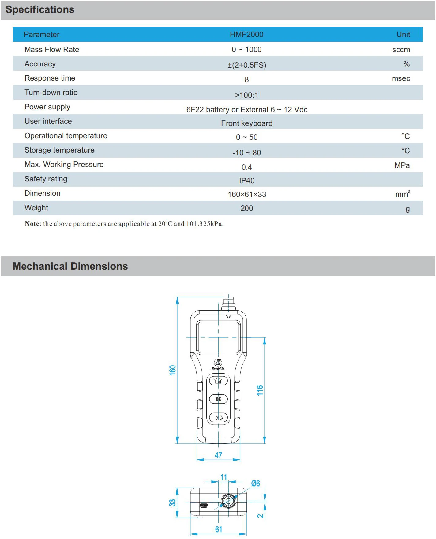 HMF2000 Serie Tragbarer Massendurchflussmesser Digitale Luftdurchflussmesser Portabler Gasdurchflussmesser für Industrielle Anwendungen – Detail 6