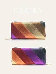 Women's Metallic Vegan Leather Long Wallet - Luxury Striped Patchwork Clutch Purse with Large Capacity (LUXE)