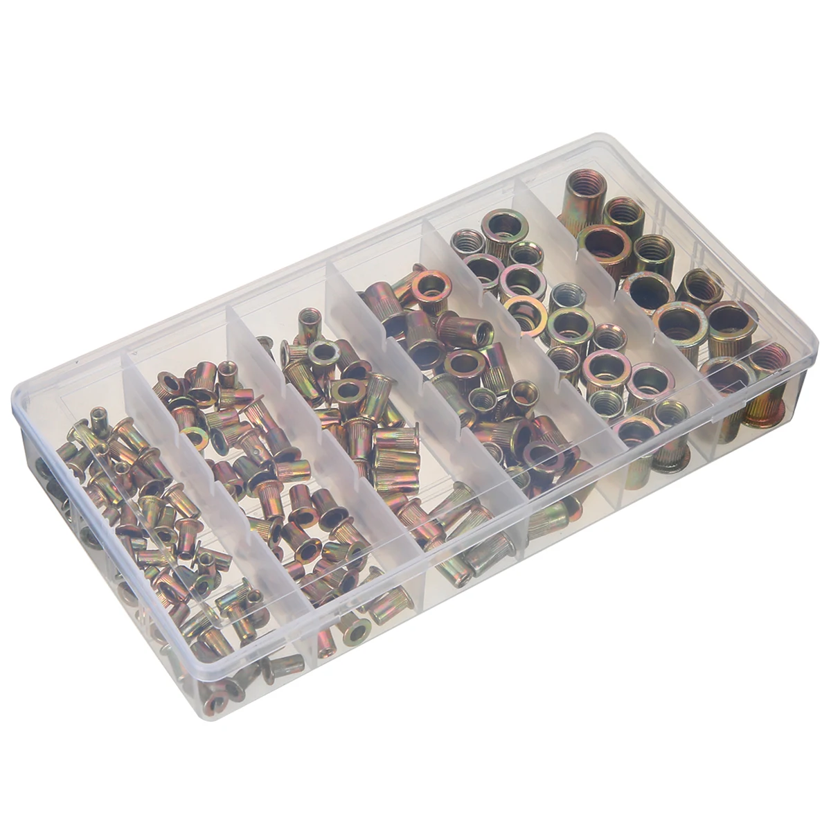 150 Stück M3 M4 M5 M6 M8 M10 Nietmuttern aus verzinktem Kohlenstoffstahl, flacher Kopf, Gewindeeinsatz, Nietkappen-Set, Gewindemuttern – Detail 6