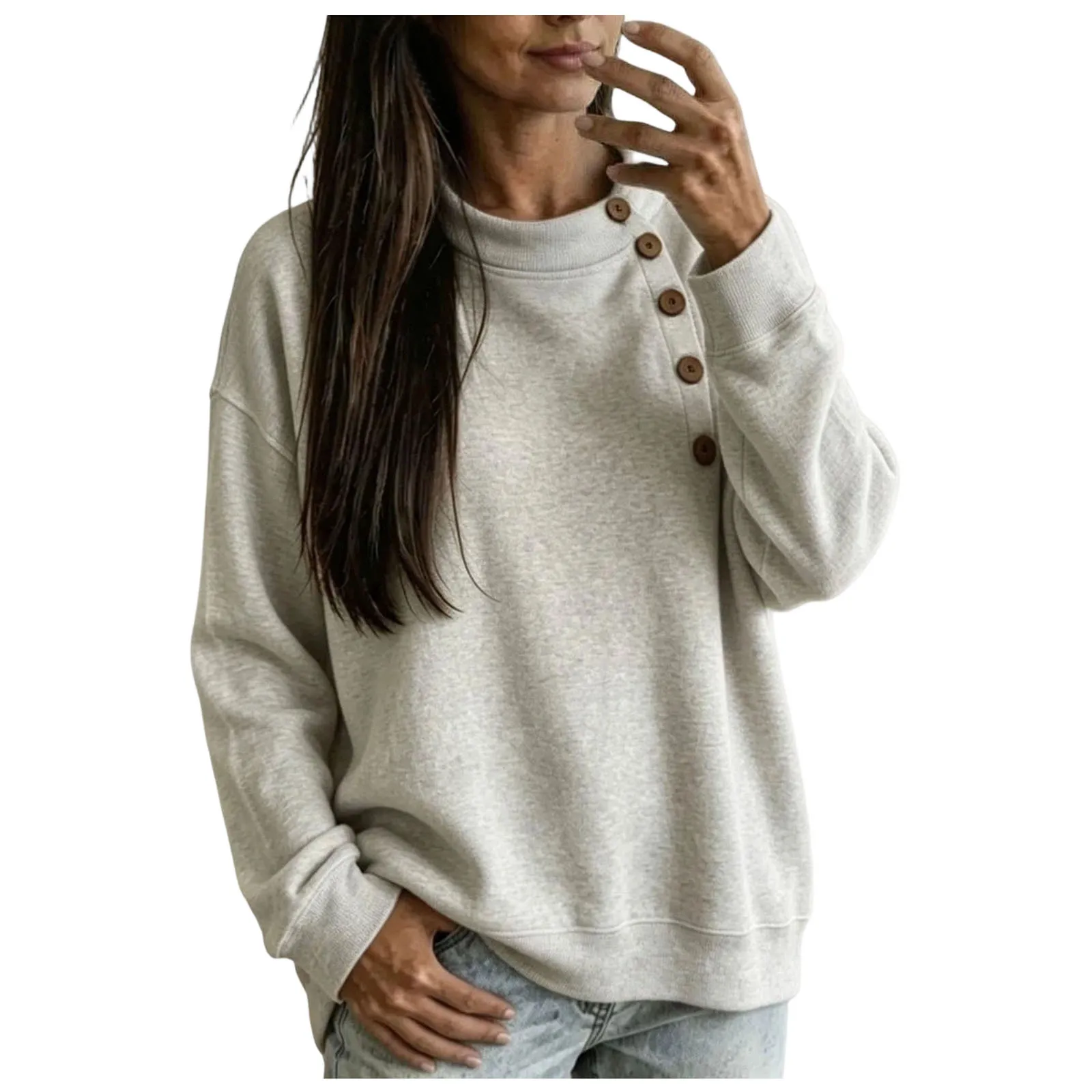 Crew Neck Sweatshirts Women Fleece Pullover Side Button Tops Fall Cute Shirt
