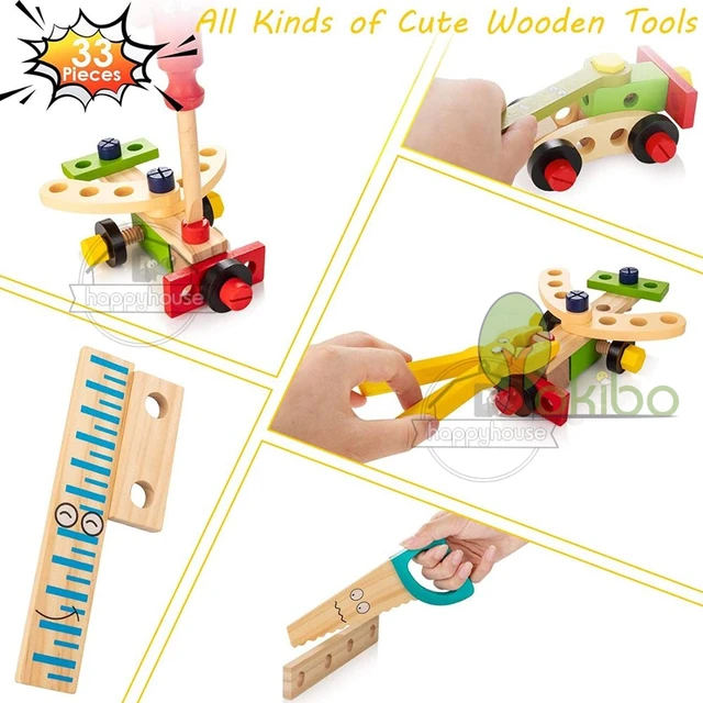 Kids Wooden Toolbox Pretend Play Set Educational Montessori Toys Nut Disassembly Screw Assembly Simulation Repair Carpenter Tool 6