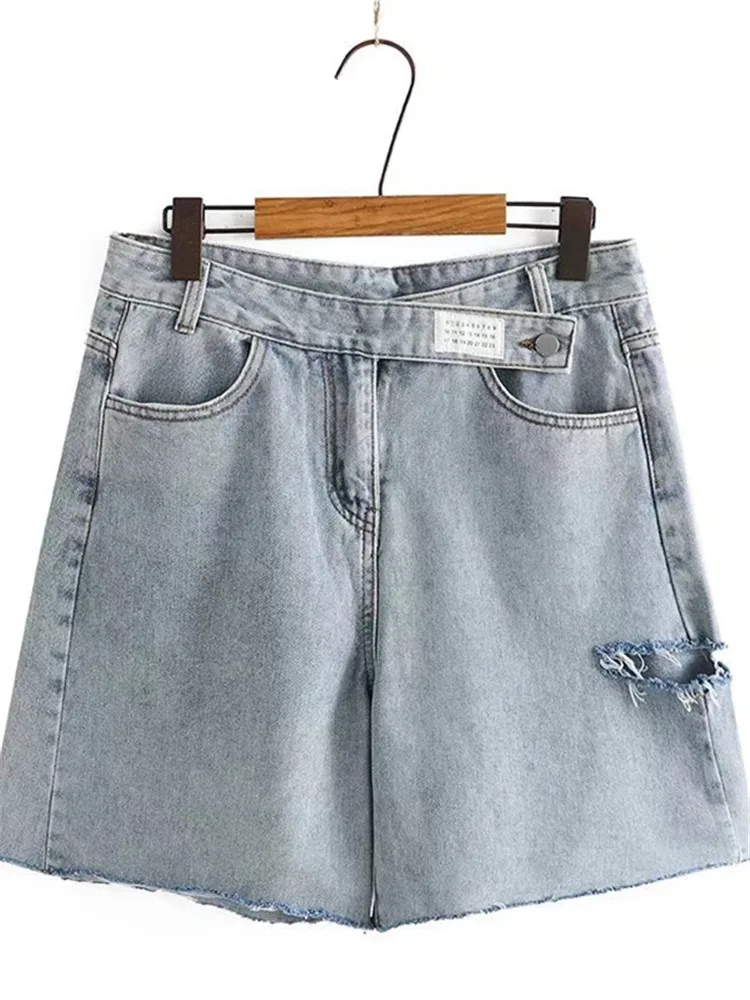 Plus Size Women Clothing Denim Shorts Ripped Hole Design Pockets On Both Sides Summer Sand