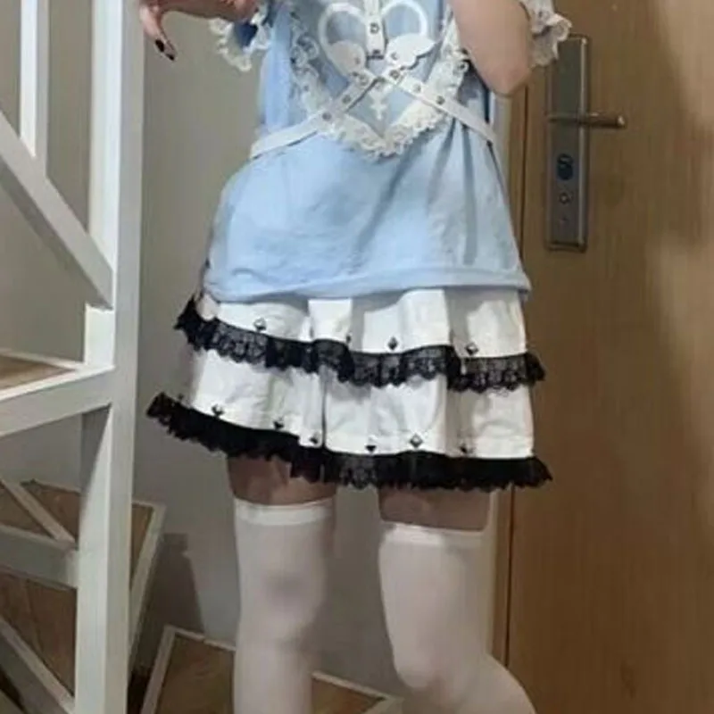 2024 Summer New Female Patchwork Lace Elastic Rivet Casual All-match Y2k Sexy Spicy Girl Fashion Comfortable Loose Short Skirts