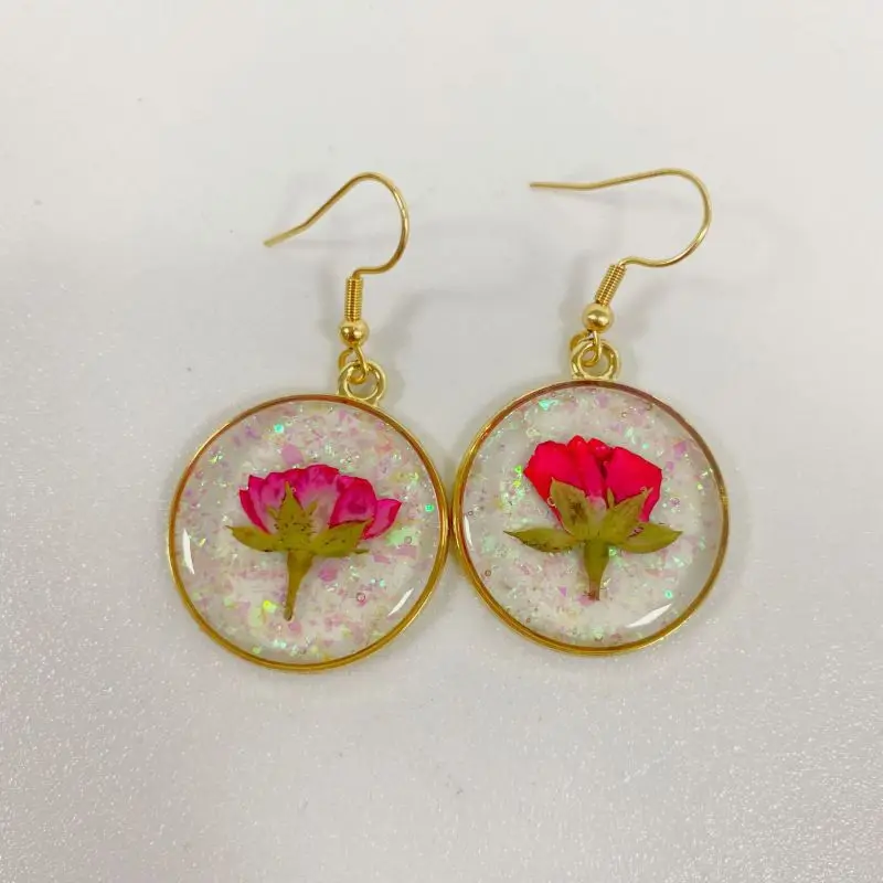 Elegant Round Drop Earrings With Flower Unique Natural Pressed Flower Earrings Handmaking Epoxy Resin Flower Earrings Wholesale