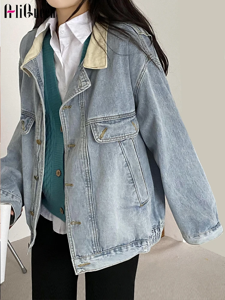 

Женская джинсовая куртка с карманами, винтажная Свободная Повседневная джинсовая куртка в стиле пэчворк, с отложным воротником, универсальная верхняя одежда, уличная одежда