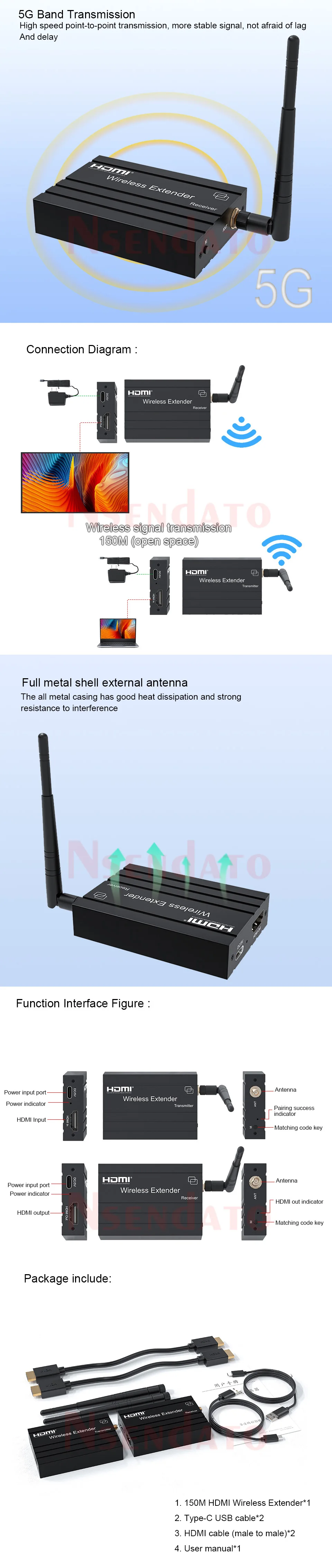 5G 1080P HDMI Wireless Extender Audio Video Transmitter and Receiver 150M HDMI V