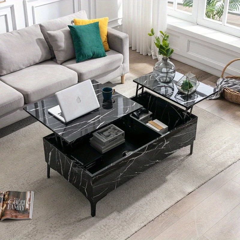 Black 43" High Gloss Lift-Top Coffee Table Marble Veneer w/Storage Living Room