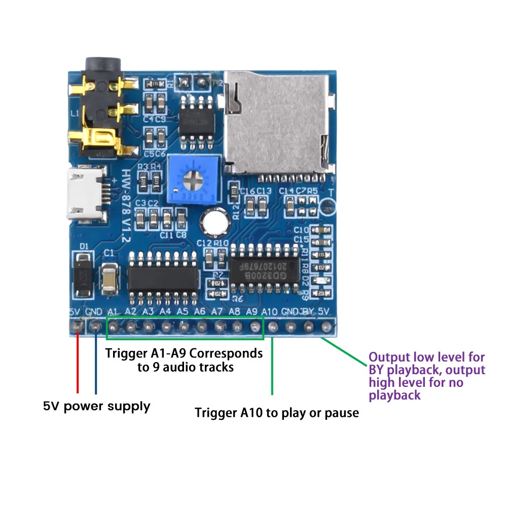 MP3 Voice Playback Module Music Player DC 5V 1A MP3 Reminder Volume Adjustable 31 Songs Triggered by Microcontroller 0-3W