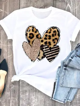 Abbigliamento estivo leopardo amore cuore dolce Moda Donna Tee T-shirt Casual manica corta Regular T-shirt grafica femminile 1