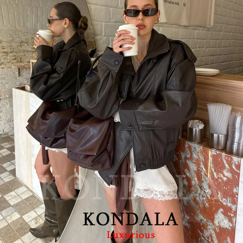 KONDALA Casual Chic Black Leather Jackets Women Long