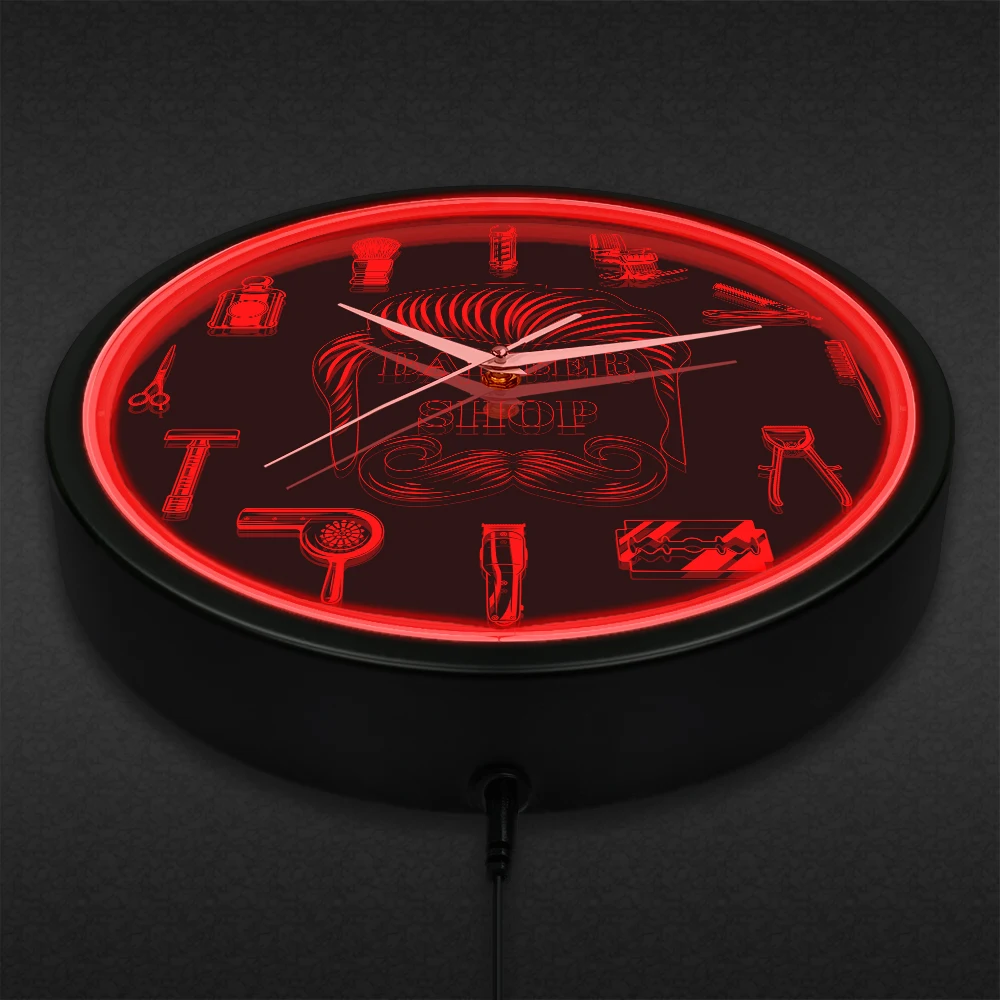 Barber Shop Red Neon Logo Metal Frame Wall Clock for Man Cave Barbering Business Sign Flexible Flex illuminated Neon Wall Clock