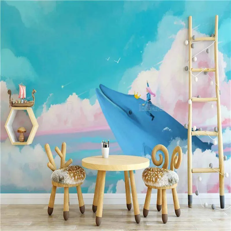 

Cartoon Whale Blue Sky Pink Clouds 3D Photo Mural Wallpapers for Children's Room Sofa Backdrop Bedroom Decoration Wall Paper