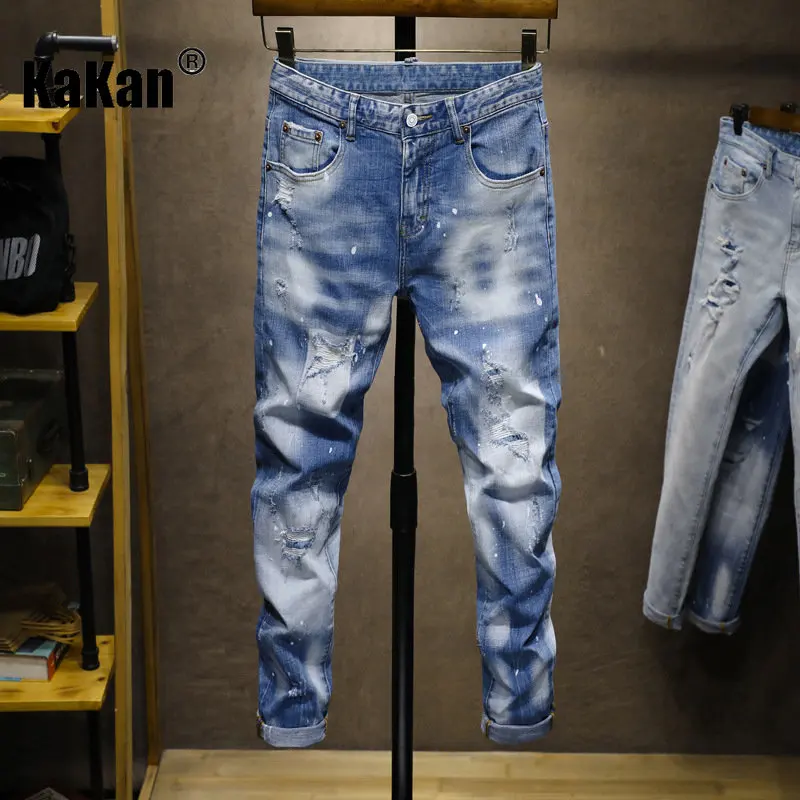 Kakan - New Throw Point Hip Hop Personalized Street Jeans Men's Wear, Slim Fit and Refreshing Light Blue Long Jeans K018-D38