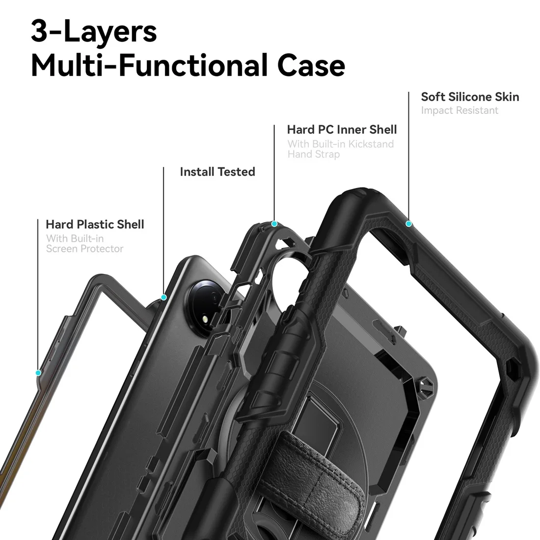 Heavy Duty Shockproof Case with 360° Rotating Stand and Hand/Shoulder Strap, Built-in Screen Protector