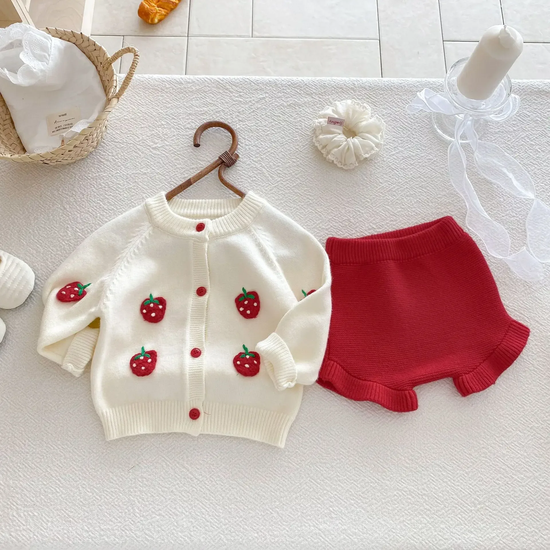 MILANCEL New Autumn Baby Sweater Set 3M-3T Sweet Strawberry Toddler Knitted Cardigan +Bloomer Infant Outfit 2PCS