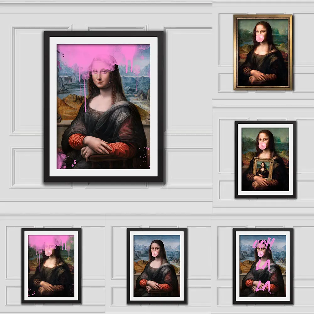 

Famous Mona Lisa Blowing Bubblegum Vintage Posters Print Funny Portrait Canvas Painting Wall Art Picture Living Room Home Decor