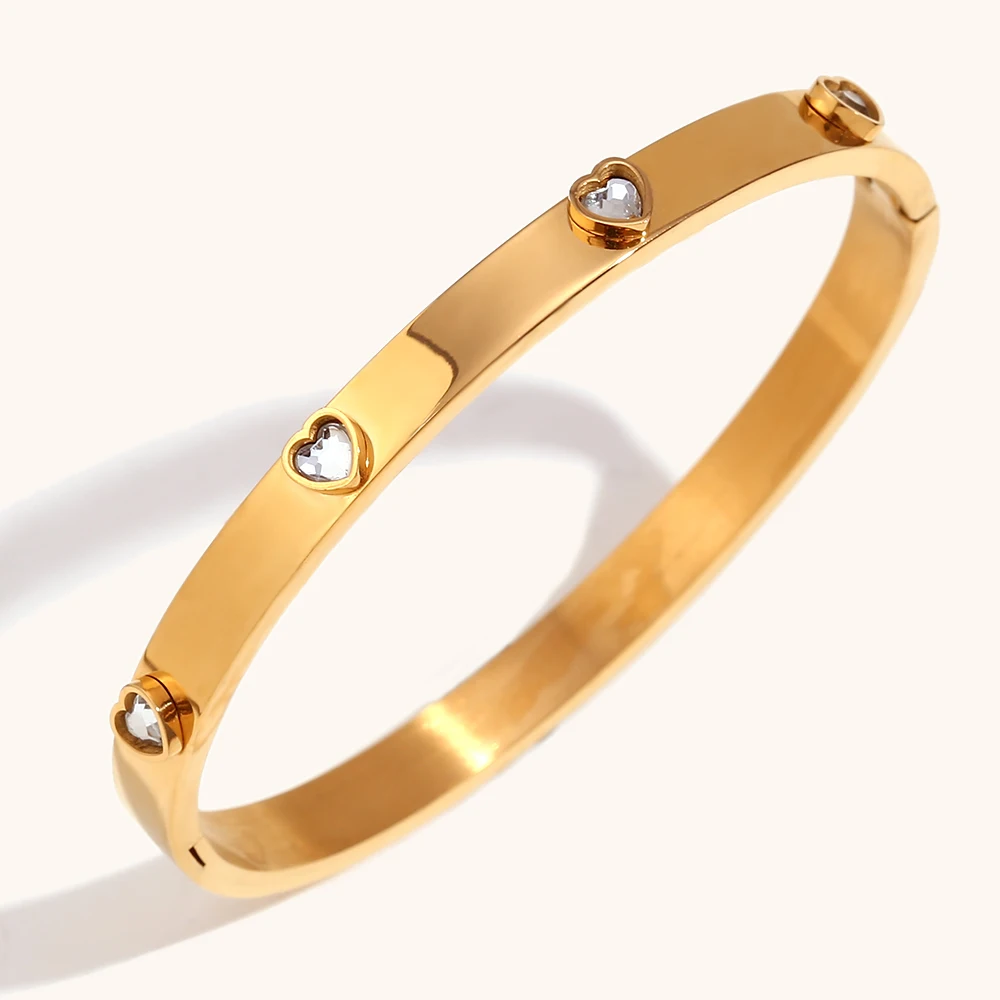 La.Muses Sweet Romantic Green Clear Heart Zircon Can Be Opened Premium 18K Gold Plated Stainless Steel Bangles For Women Jewelry 3