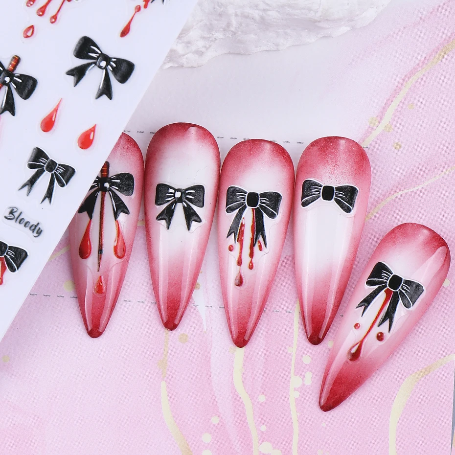 2pcs Y2K Black Bow Nail Stickers Blood Drop LineTextured Adhesive Nail Decals Sliders DIY Halloween Holographic Manicure Decor