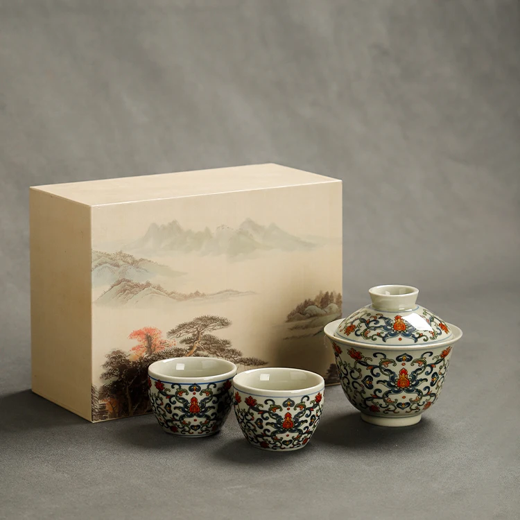 Keramik-Gongfu-Tee-Geschenkset, handgefertigt, Porzellan, Gaiwan mit 2 Tassen, traditionelles chinesisches Teezeremonie-Set, Teegeschirr, Heimdekoration – Detail 10