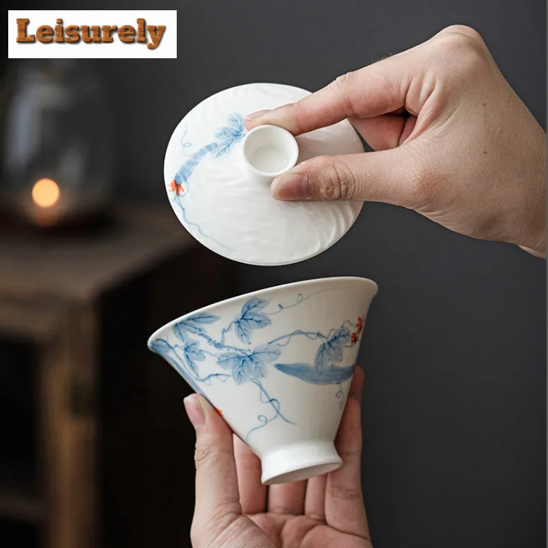 140ml Hand-painted Loofah Gaiwan Retro Bamboo Hat Anti Scalding Tea Tureen Household Tea Making Cover Bowl Items Ornaments