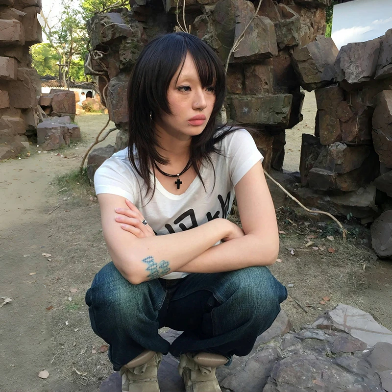 Karrram Japanese Y2k Letter Print T-shirt Trashy 2000s Style Short Sleeve Tee Shirt Grunge Aesthetics White Top Vintage Harajuku 6