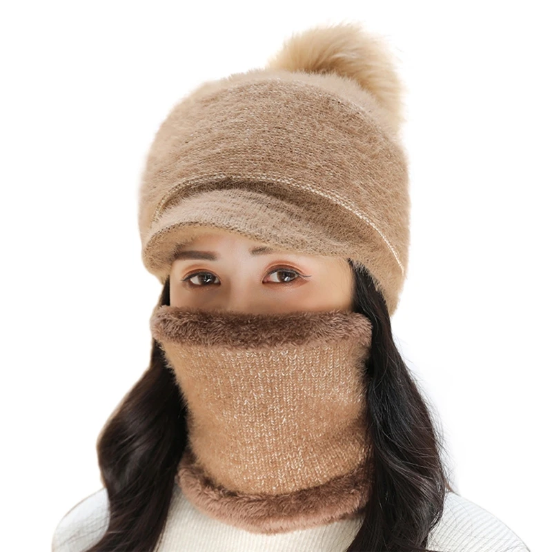 새로운 스타일 여성 겨울 2Pcs 세트 바이저 비니 모자 스카프 니트 플러시 줄 지어 Skullies 야구 모자 Windproof 목