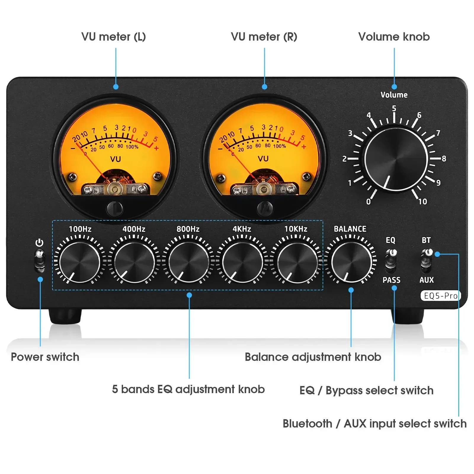 Bluetooth Audio Processor EQ5 PRO 5-Band Preamp EQ Equalizer 3.5mm AUX Analog for Speaker/Amplifier with VU Meter