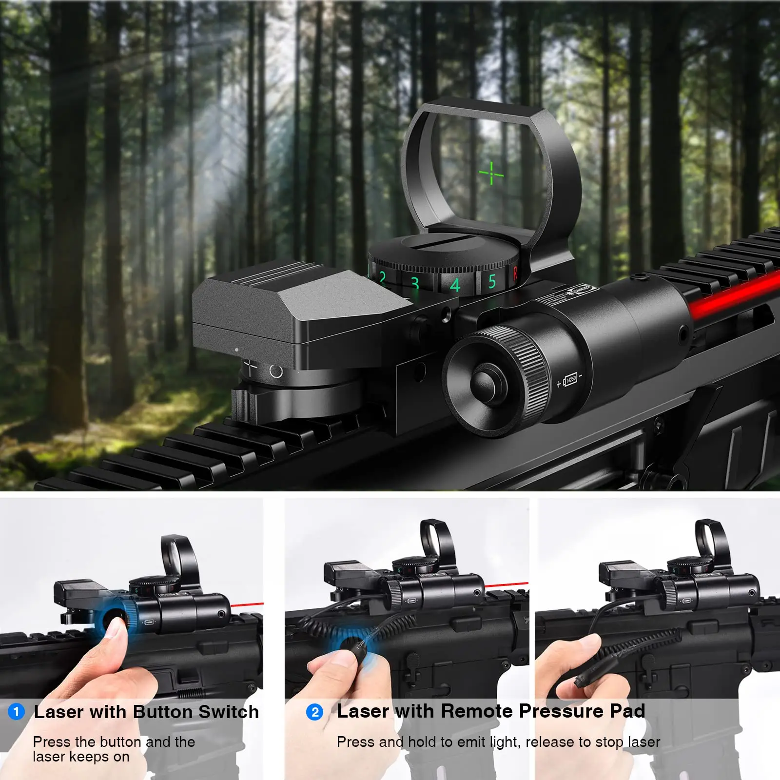 MidTen 1X22X33 Reflex Sight Red Dot Sight Red Green 4 Reticle Optics with Laser and Pressure Pad Switch for 20mm Rail