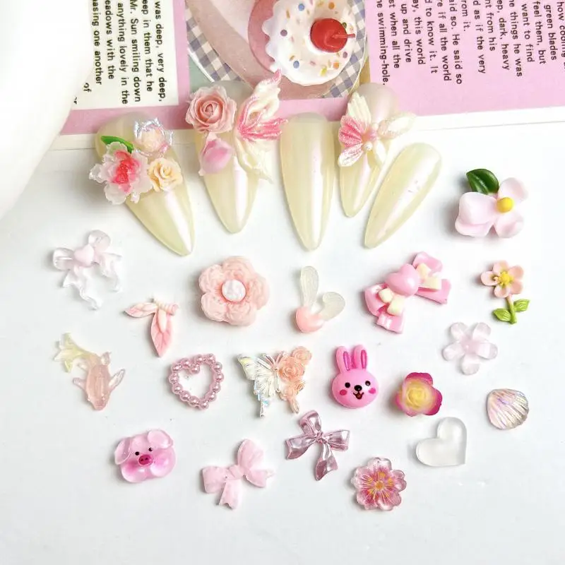 Random Mixed Sweet Pink Bow Nail Charms 3D Resin Pink  Rose Flower Nail Art Decorations Accessories for DIY Cream Glue Crafts 4