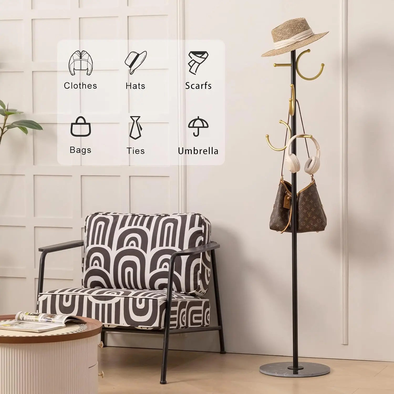 Coat Rack Freestanding Metal Corner Clothing Rack with Round Marble Base 8 Hooks Heavy Duty Coat Tree