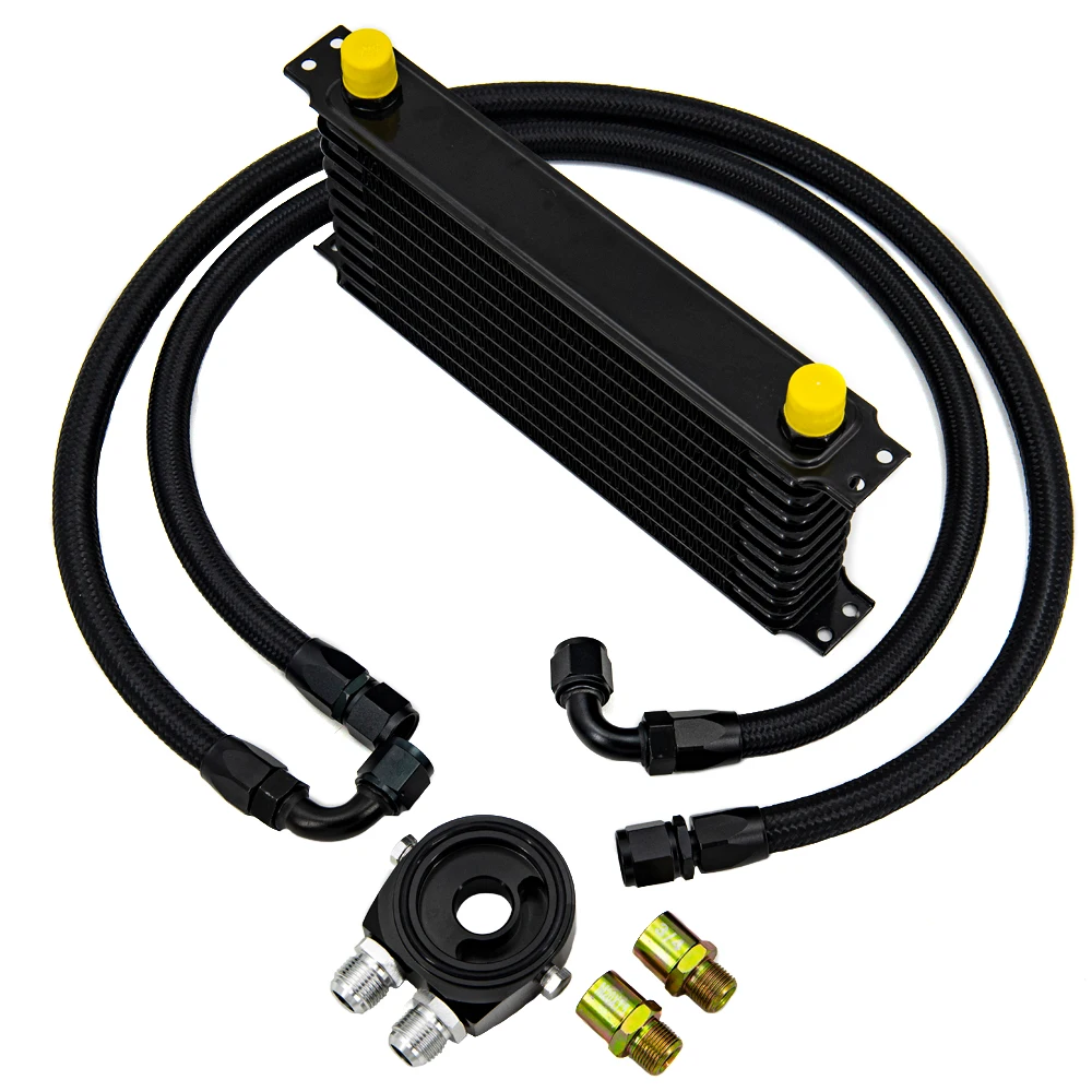 Oil Cooler Kit 10 Rows Transmission Oil Filter Adapter Nylon Stainless Steel Braided Hose Thermostat Adapter