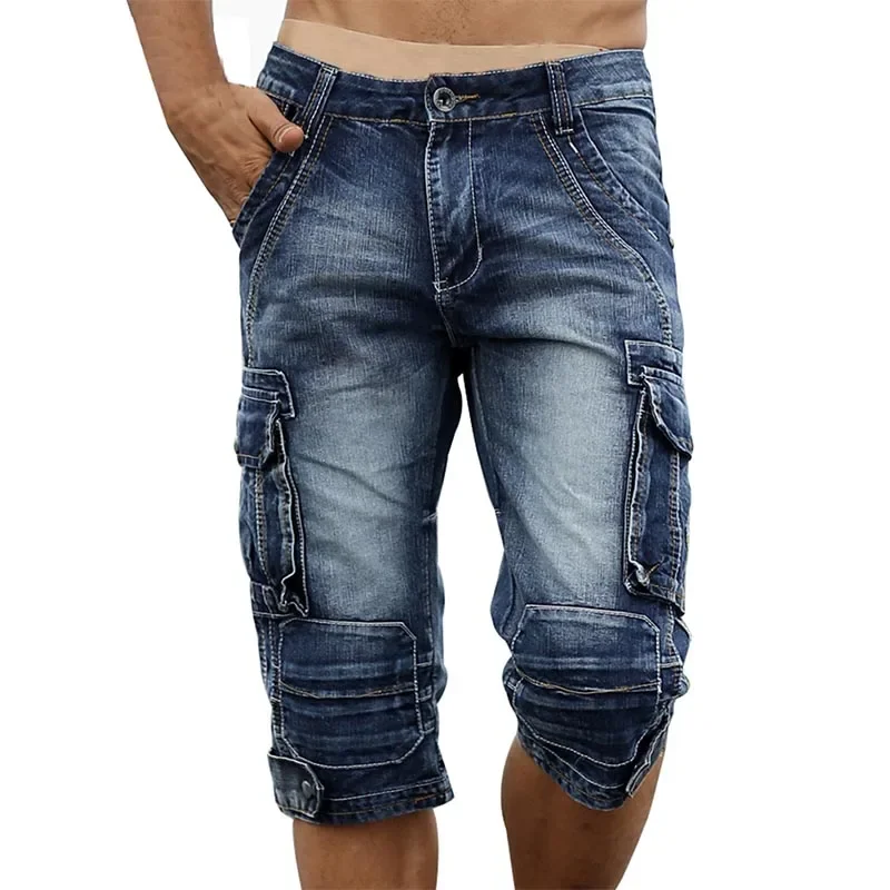 Men's Fashion Cargo Denim Shorts with Multi Pockets Slim Fit Military Jeans Shorts for Male Washed 3