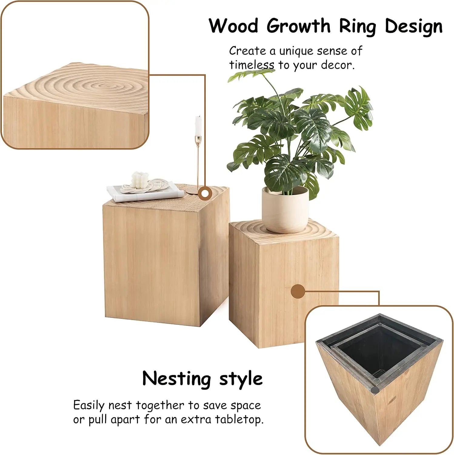 Tree Stump End Table Set of 2, Multiple Styling Layout with Wood Tree Ring Pattern, Natural Wood Color 3