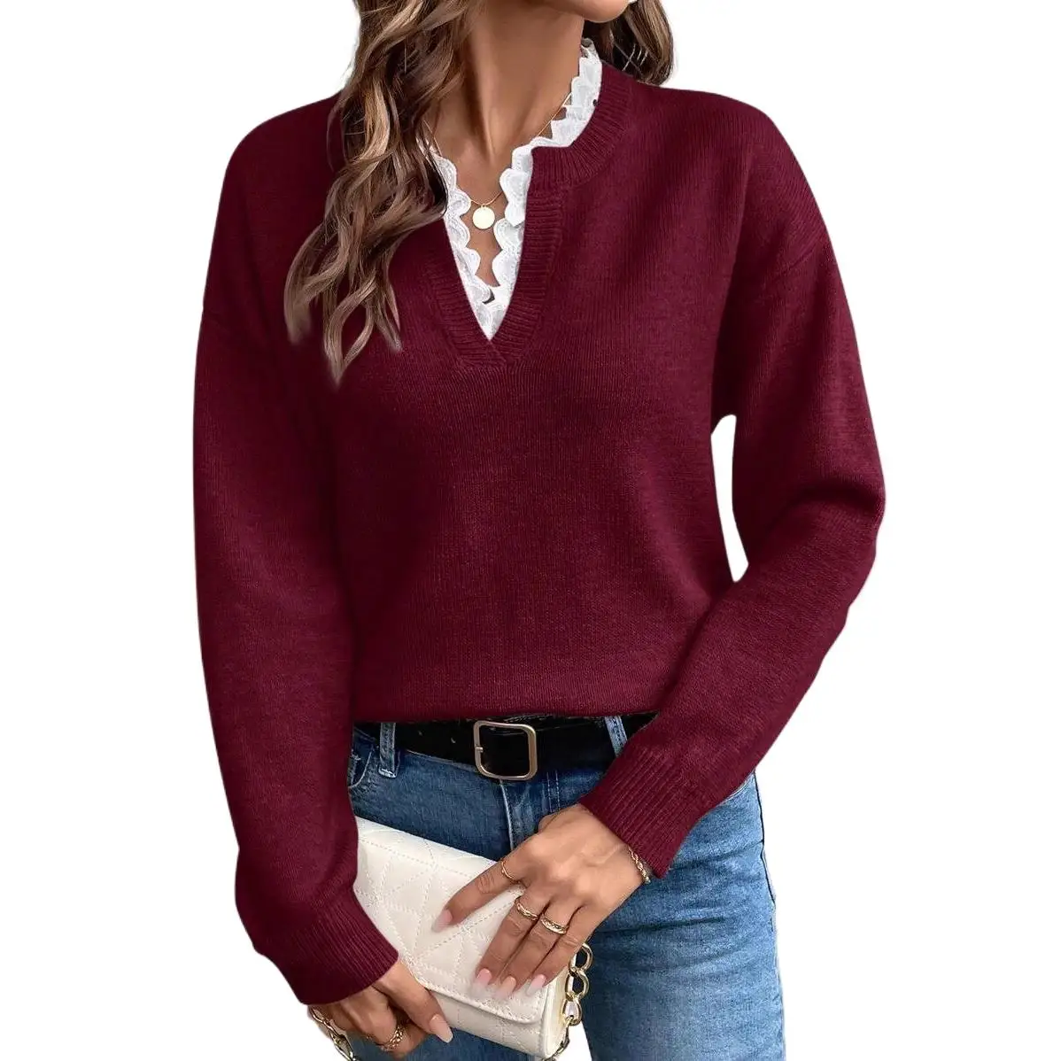 Women Autumn Lace Knitted Sweater Long Sleeve Pullover