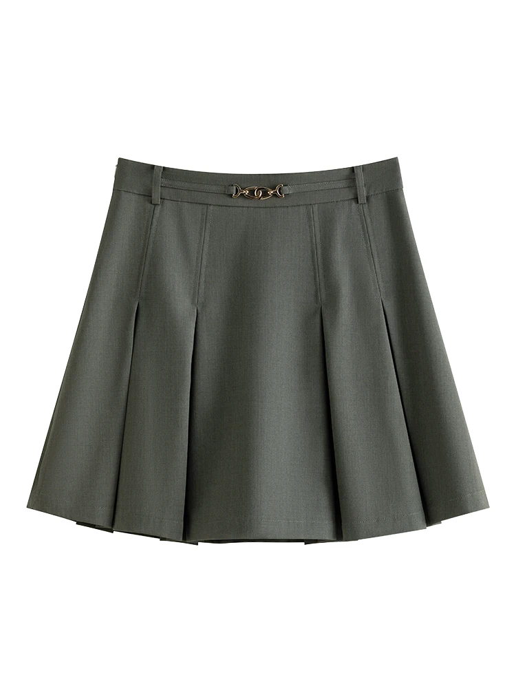 FSLE College Style A-LINE Skirts Pleated Design High Waist Women Above-Knee Length Skirt Solid Twill Women Summer Mini Skirt