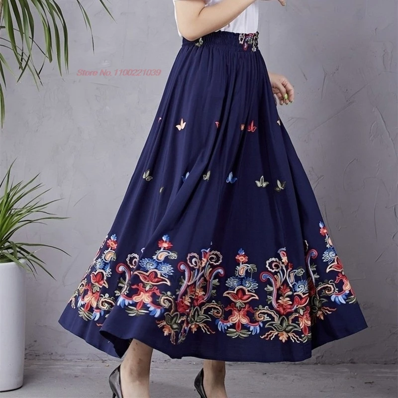 chinese vintage skirt national flower embroidery ethnic skirt retro elastic waist a-line traditional folk dance