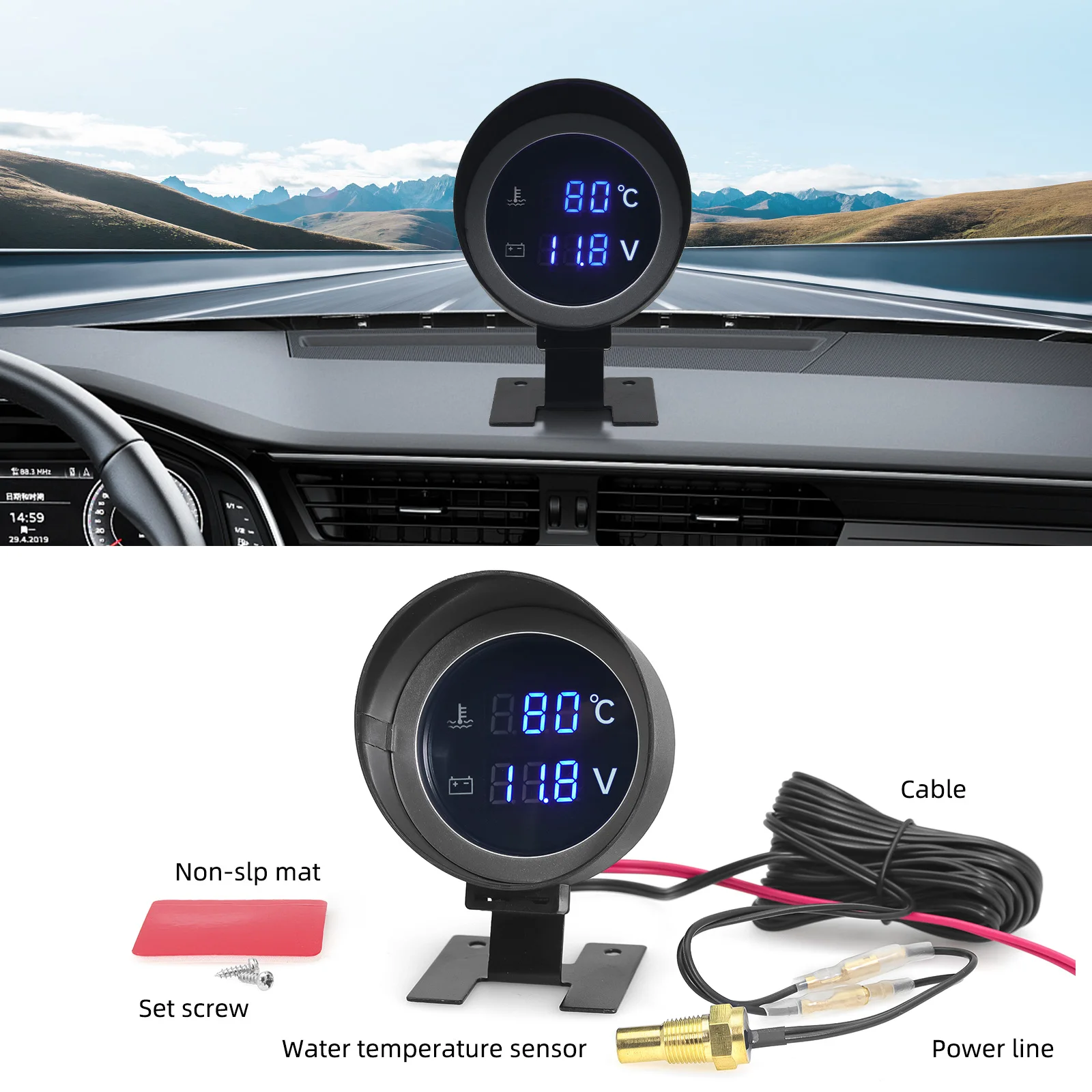 Water Temperature Gauge Automobile Gauge Universal 2 IN 1 Car Round LCD Digital Water Temperature Gauge Water Temp Joint Pipe Sensor 10MM Adapter Voltmeter 12V/24V