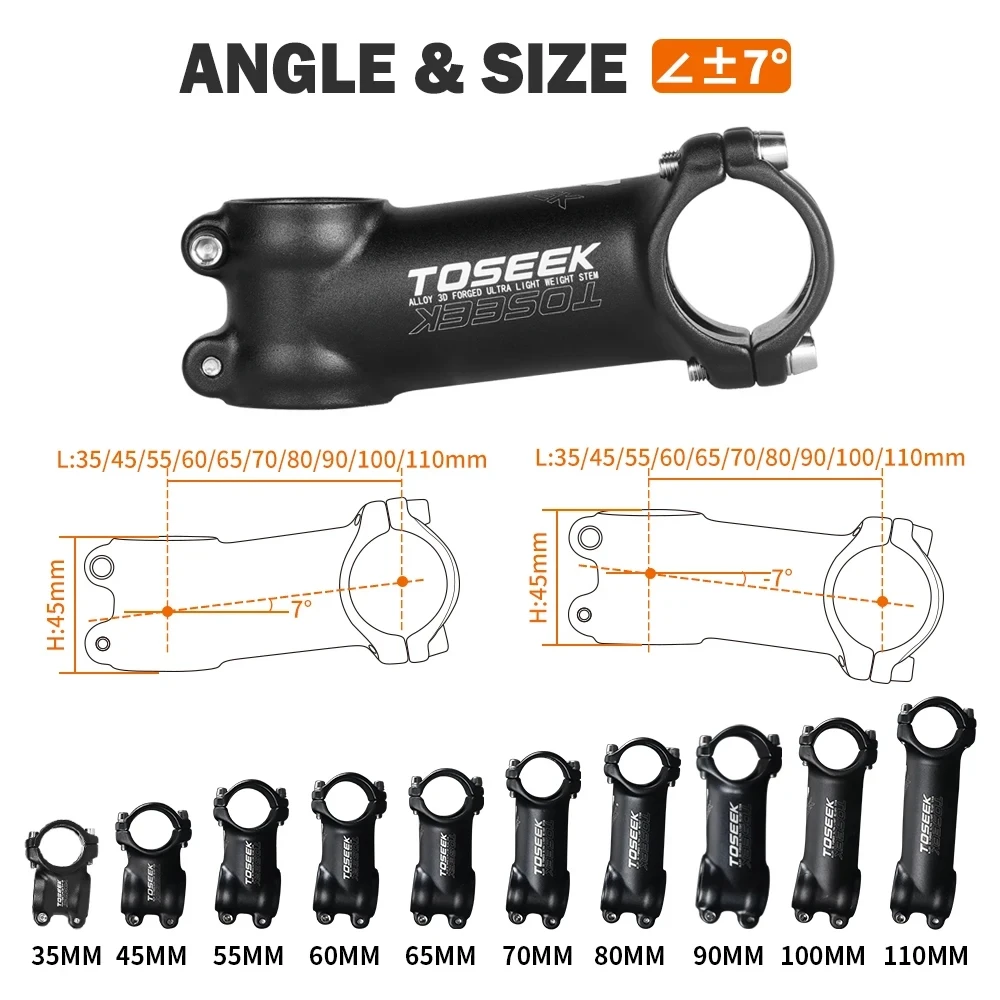 TOSEEK Bike Stem 7° 10° 17°25°35 Degree 35-110mm High