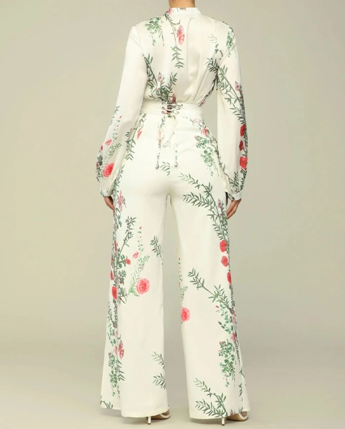 Women's Elegant Floral Print Ruffle Hem Top & Lace-Up High Waist Pants Set Female Fashion Trousers Sets Casual Two Piece Outfits
