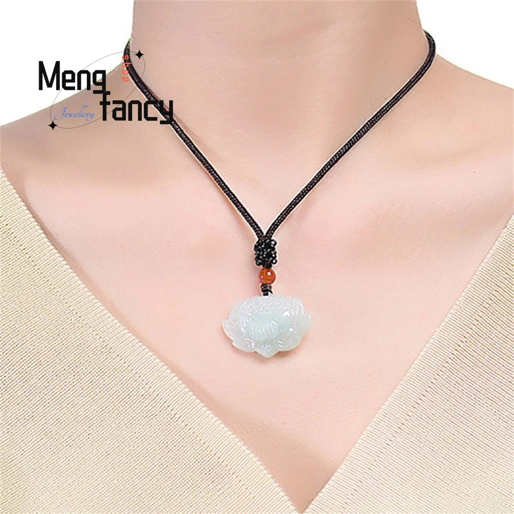 Natural Myanmar A-goods Jadeite Lotus Flower Lotus Ice Jade Pendant Simple Retro Best Selling Fashion Jewelry Mascots Handicraft