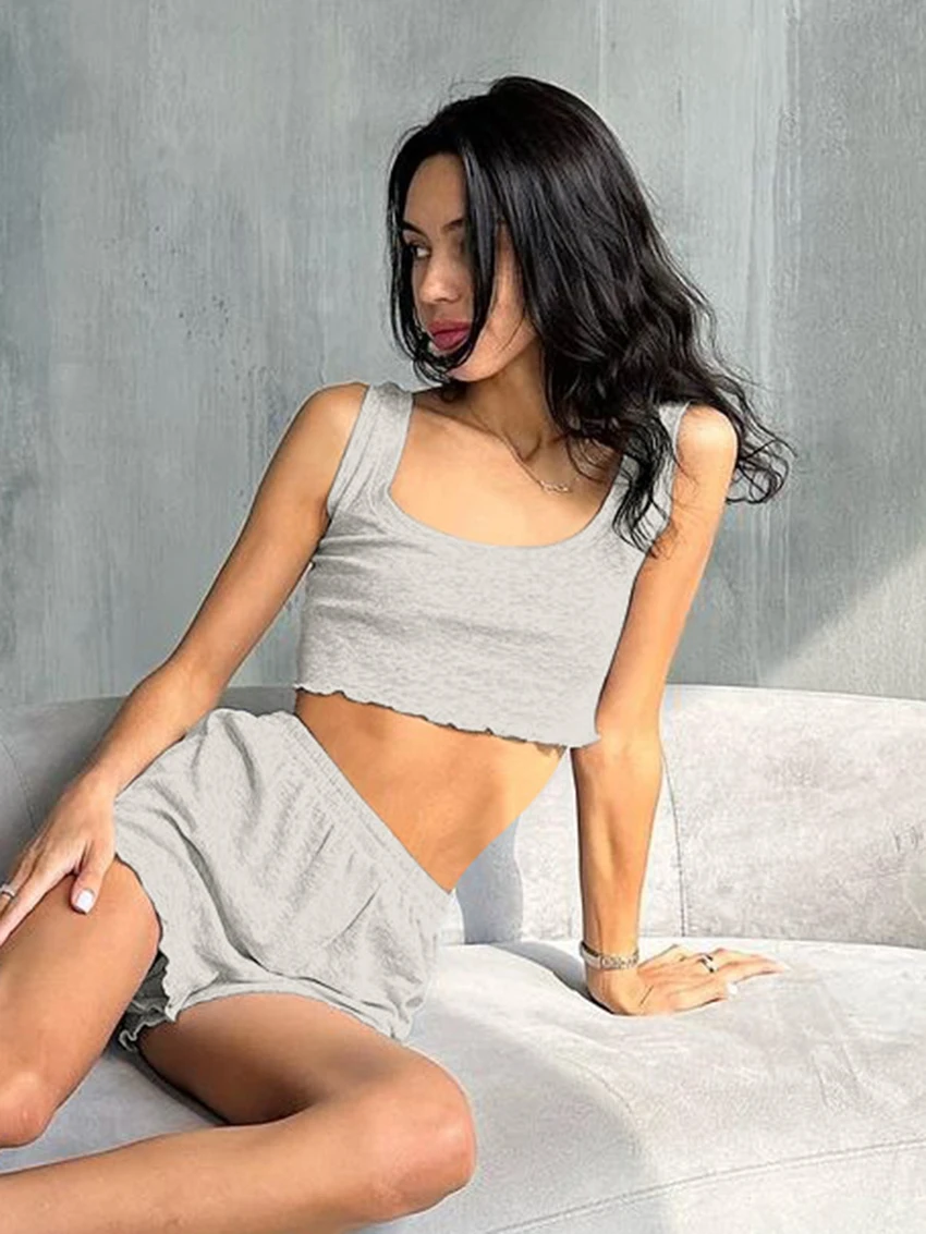 Marthaqiqi Summer Female Sleepwear Suit Crop Top Nightwear Backless Pajamas Tank Tops Nightgowns Shorts Casual Femme Nightie Set