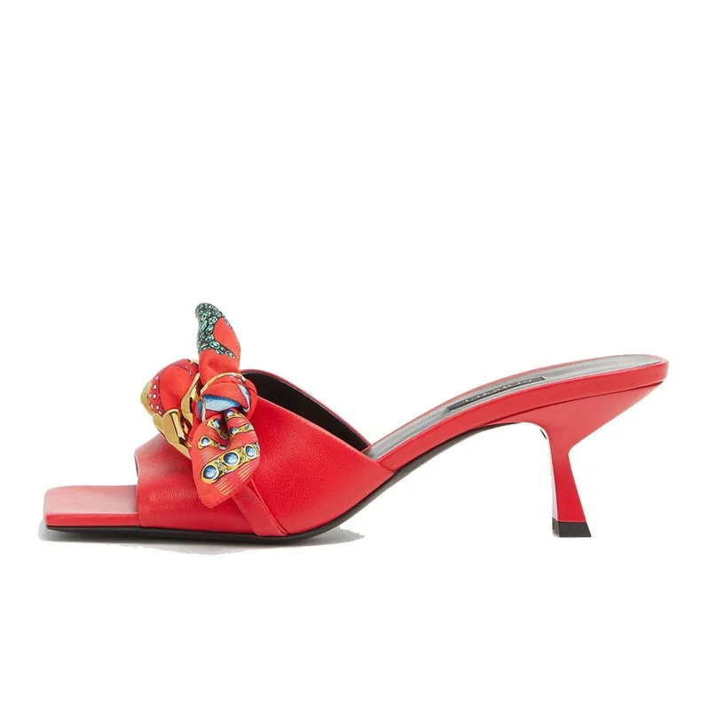 Summer New Silk Chain Sheepskin Slim Slim Mouth Fish Mouth Low Heel Sandals Cross Border Large Women's Slippers