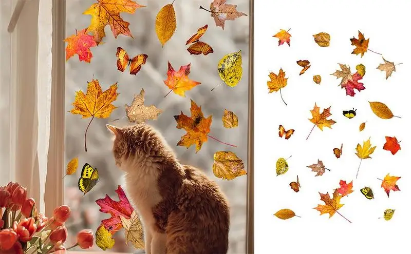 

Fall Window Stickers Window Glass Display Decoration Self Adhesive Fridge Decals Fall Leaves Door Clings household Accessories