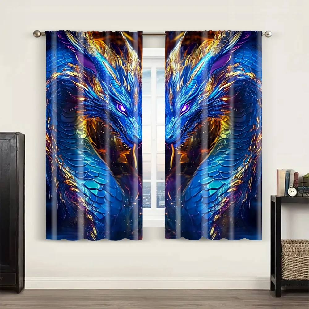 2pc, Scene Curtain Fashion dragon totem print Durable Polyester,Without Electricity Family Party Use for Holiday Parties, Home 6