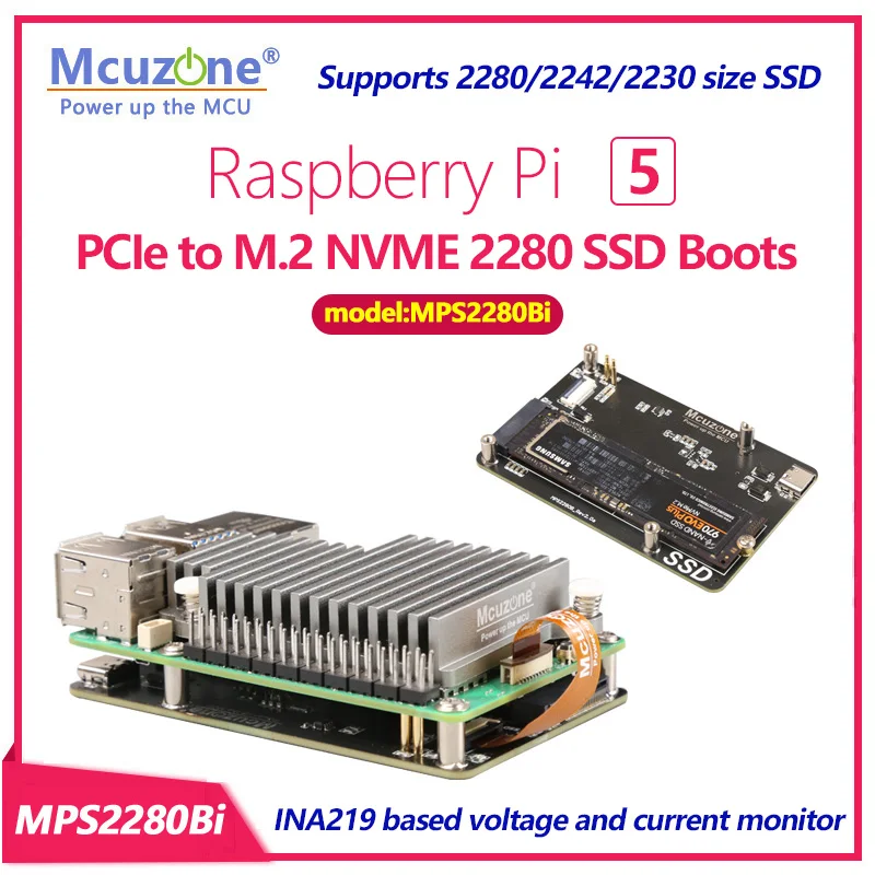 

MPS2280Bi Raspberry Pi 5 PCIe на M.2 NVME 2280 SSD сапоги INA219 на основе напряжения и тока monit поддерживает 2280/2242/2230 SSD